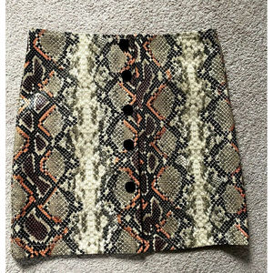 Kivenst Snake Print Mini Skirt S Womens Brown Black Snap Front Faux Leather